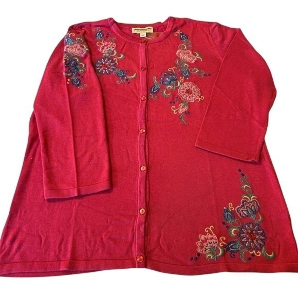 NIB Norm Thompson Pink Berry with Floral Embroidery Cardigan Sweater Size‎ Large - Picture 4 of 5